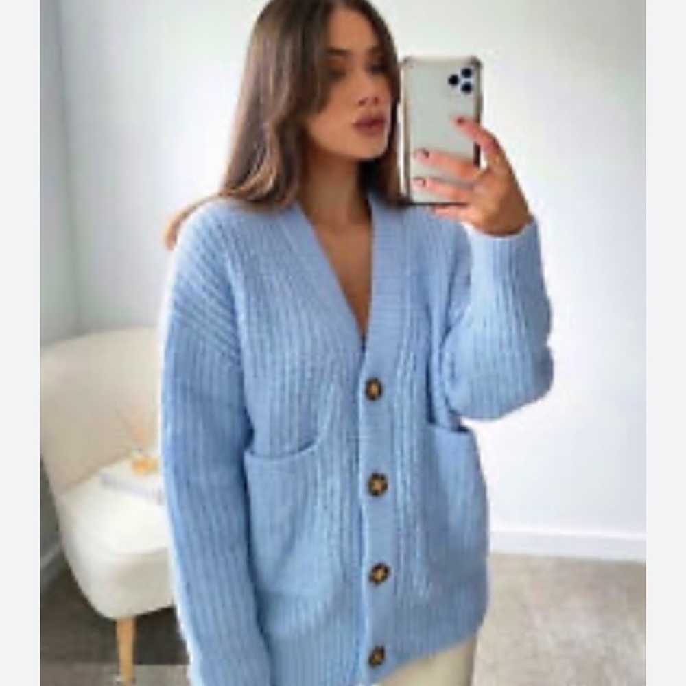 Zara Patch Pocket Knit Oversized Jacket sweater cardigan baby blue MEDIUM